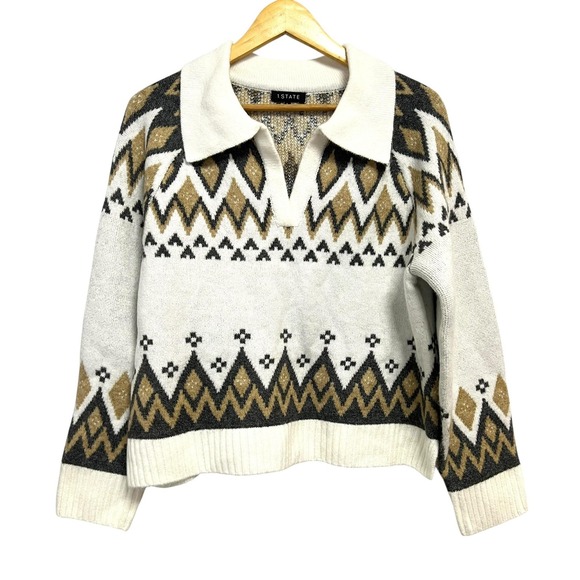Sweaters - 1.STATE Sweater Womens Large Cream Tan Johnny Collar Fair Isle Pullover Knit‎